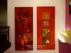 Nepal, Central Region, Bagmati Zone, Kathmandu, Kamaladi, Gallery 32, inauguration of the exhibition "Bells - Silence and Sounds": Paintings of Manish Lal Shrestha; left "Sound of Wisdom 1" (75x180cm, 2006), right Sound of Wisdom 2" ( 75x180cm, 2006)
