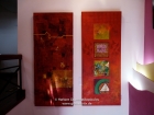 Nepal, Central Region, Bagmati Zone, Kathmandu, Kamaladi, Gallery 32, inauguration of the exhibition "Bells - Silence and Sounds": Paintings of Manish Lal Shrestha; left "Sound of Wisdom 1" (75x180cm, 2006), right Sound of Wisdom 2" ( 75x180cm, 2006)