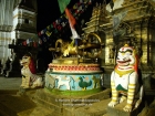 Nepal, Central Region, Bagmati Zone, Kathmandu, Swayambhu: Dorje (vajra, thunderbolt) and temple guards at the eastern stairs in new years night