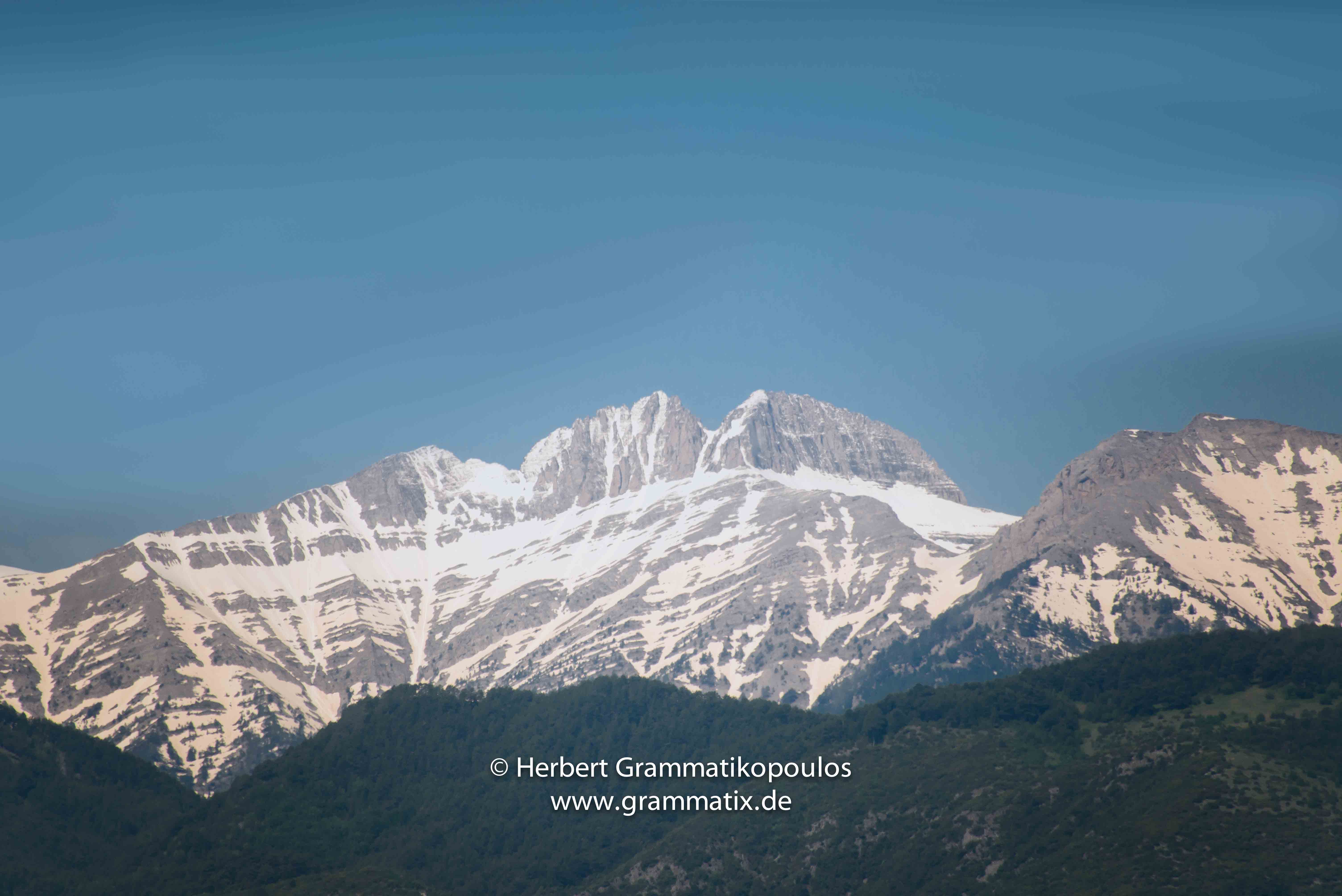 Greece, Mount Olymp (2917m) from the moving train south of Katherini ...